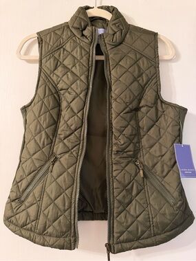 Laura Scott Quilted Olive Vest with Stand Collar